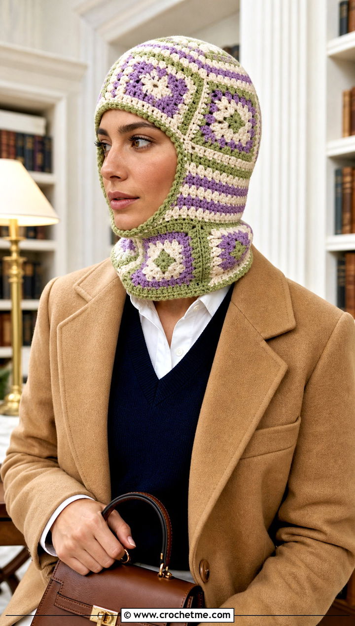 Granny Square Striped Crochet Balaclava With Preppy Layers - 15 Striped Crochet Balaclava outfit ideas