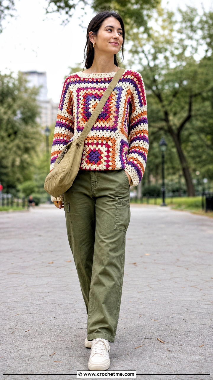 Granny Square Striped Crochet Sweater With Utility Pants - 35 crochet striped sweater outfit ideas
