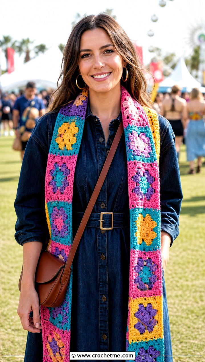 Granny Square Striped Scarf With Denim Dress - 25 crochet striped scarf outfit ideas