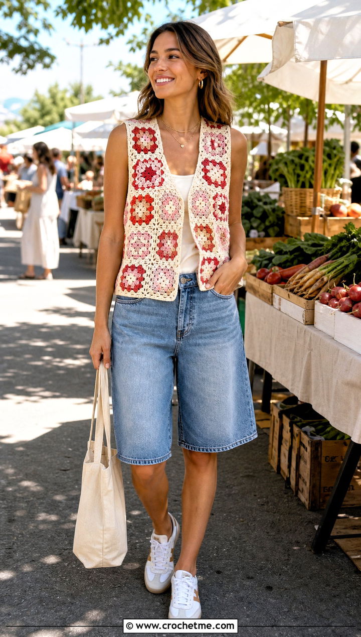 Granny Square Summer Crochet Vest With Denim Shorts - 15 Summer Crochet Vest Style outfit ideas