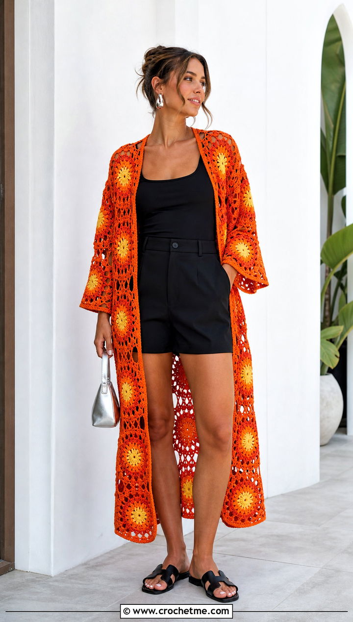 Granny Square Sunburst Cover Up With Black Separates - 35 granny square cover up outfit ideas