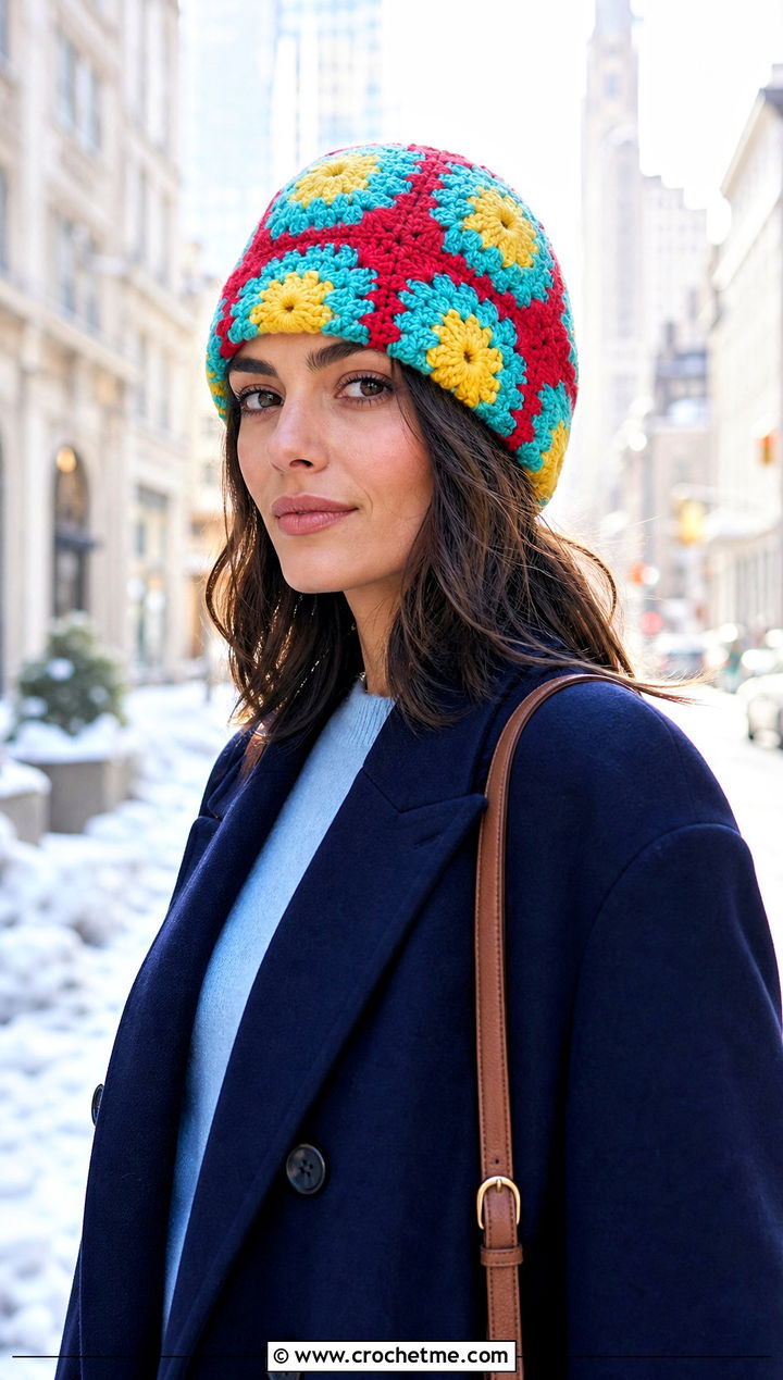 Granny Square Sunburst Crochet Beanie With Maxi Coat - 15 burst crochet beanie outfit ideas
