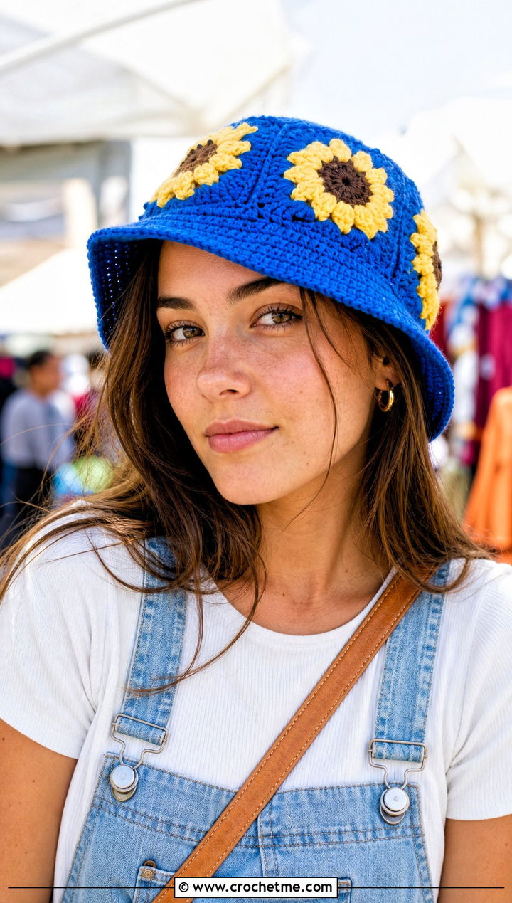 Granny Square Sunflower Bucket Hat With Denim Overalls - 15 Handmade Crochet Sunflower Hat outfit ideas