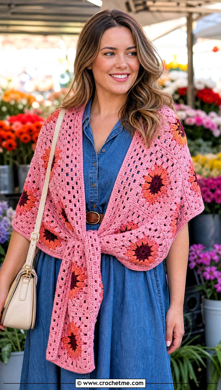 Granny Square Sunflower Crochet Shawl With Denim Dress - 20 Sunflower Crochet Shawl outfit ideas