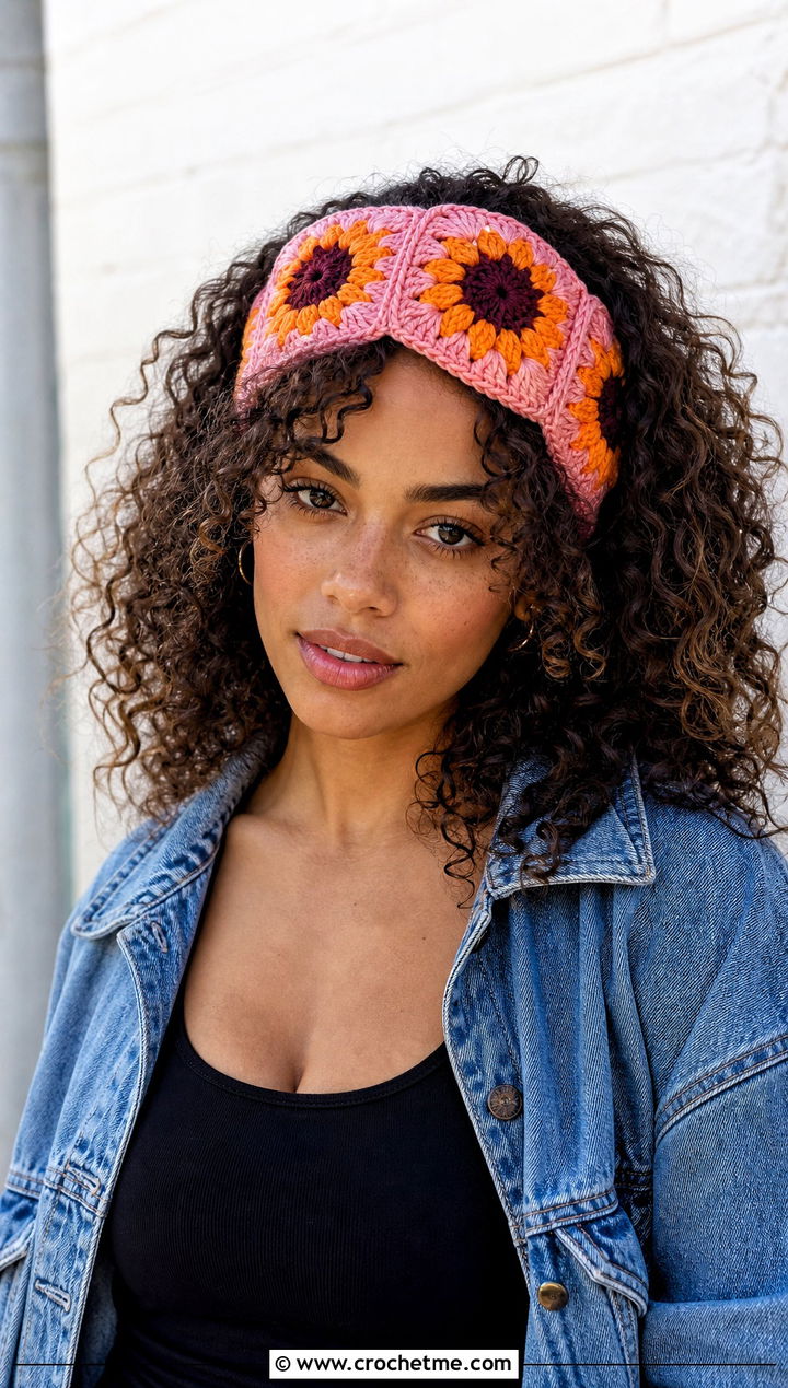 Granny Square Sunflower Headband With Denim Jacket - 25 Crochet Sunflower Headband outfit ideas