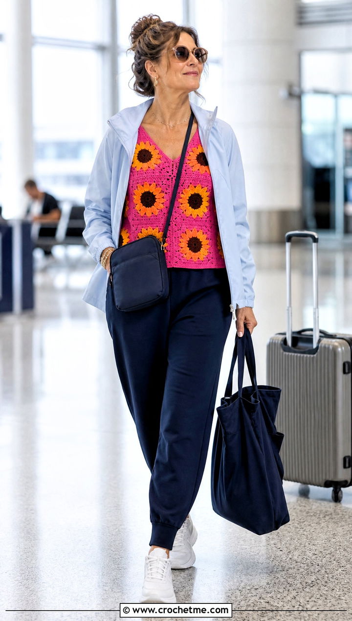 Granny Square Sunflower Tank Top With Joggers - 35 crochet sunflower top outfit ideas