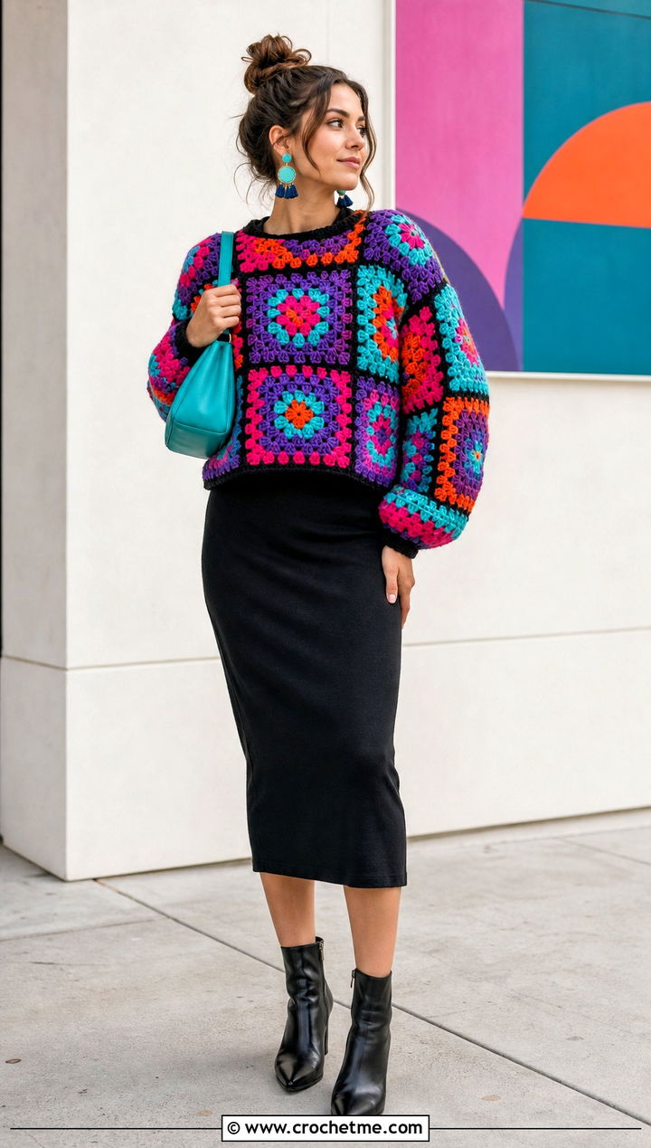 Granny Square Super Bulky Crochet Sweater With Black Midi Dress - 25 Super Bulky Crochet Sweater outfit ideas