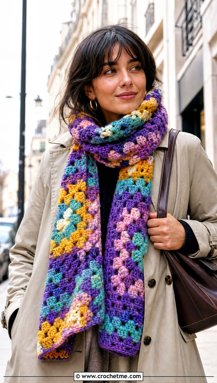 Granny Square Super Chunky Crochet Scarf With Trench Coat - 25 Super Chunky Crochet Scarf outfit ideas