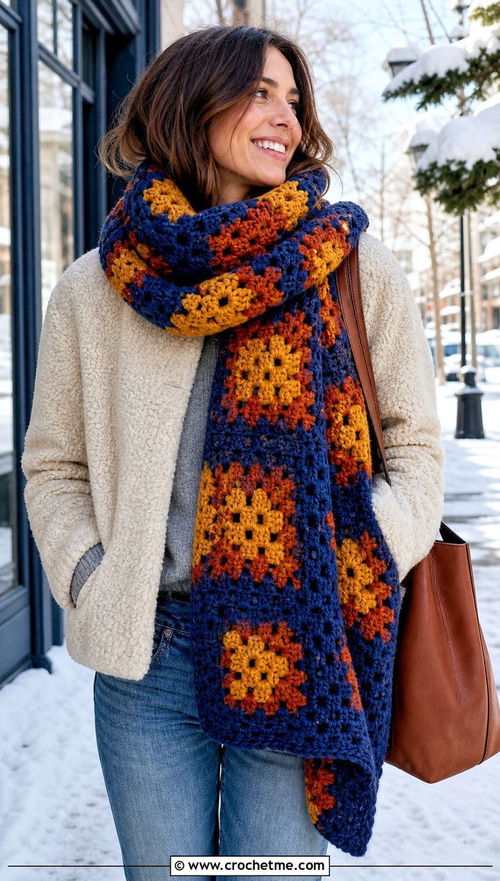 Granny Square Super Scarf With Teddy Coat And Jeans - 30 crochet granny square scarf outfit ideas