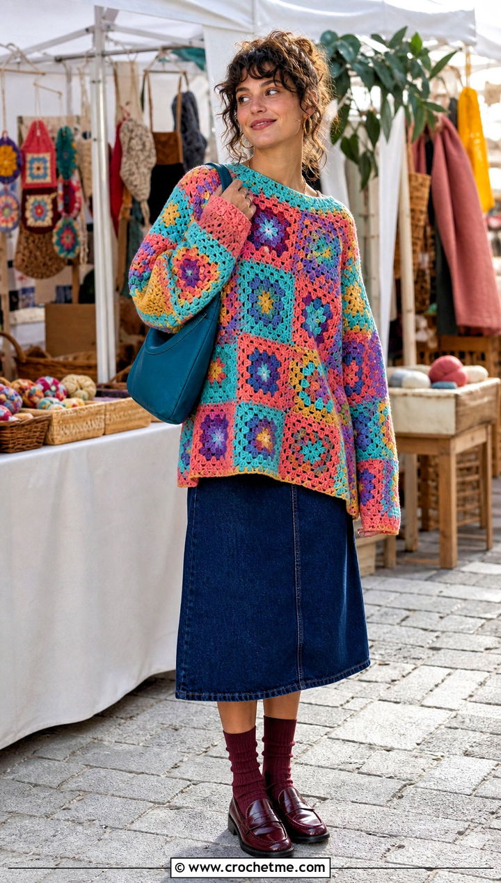 Granny Square Super Slouchy Crochet Sweater With Denim Midi Skirt - 15 Super Slouchy Crochet Sweater outfit ideas