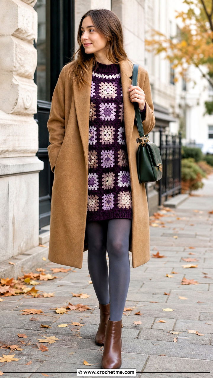 Granny Square Sweater Dress With Ankle Boots - 35 crochet granny square dress outfit ideas