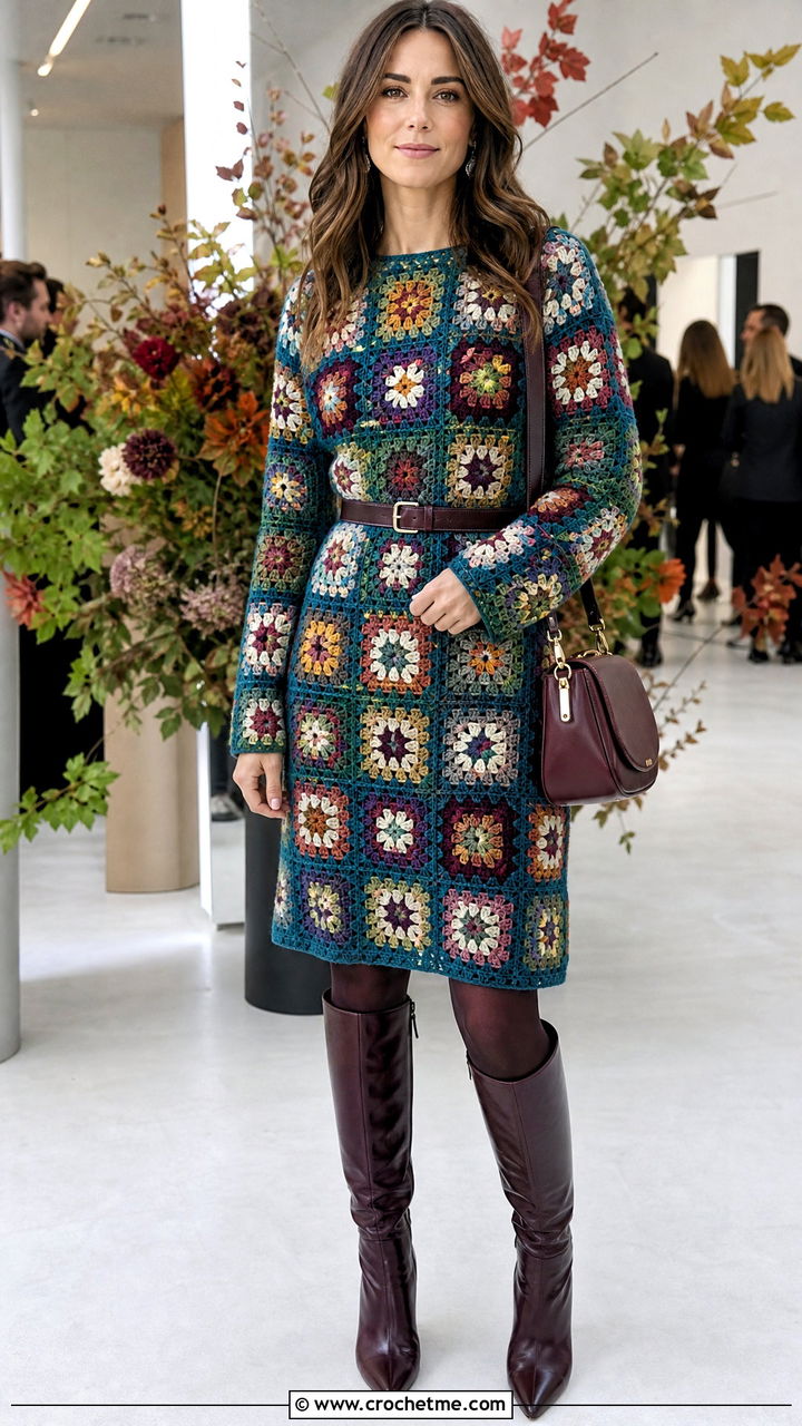 Granny Square Sweater Dress With Knee High Boots - 35 4 Granny Square Sweater outfit ideas