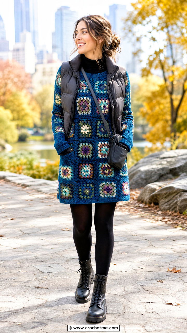 Granny Square Sweater Dress With Puffer Vest And Combat Boots - 35 granny square dress outfit ideas
