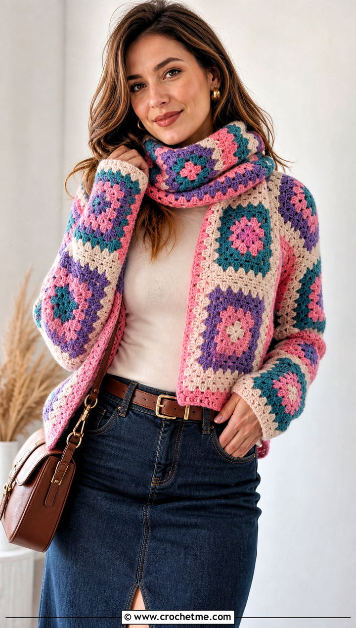 Granny Square Sweater Scarf With Denim Midi Skirt - 15 Crochet For Scarf With Sleeves outfit ideas