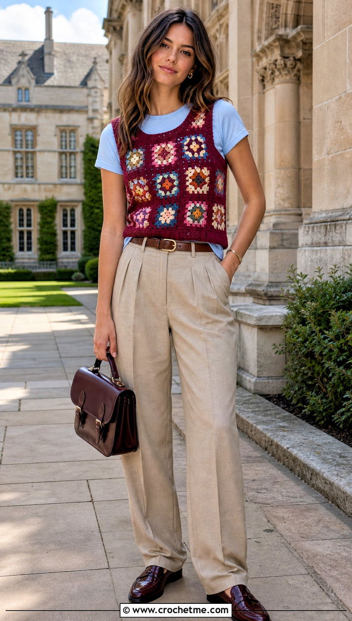 Granny Square Sweater Vest Top With Pleated Trousers - 35 granny square crochet top outfit ideas