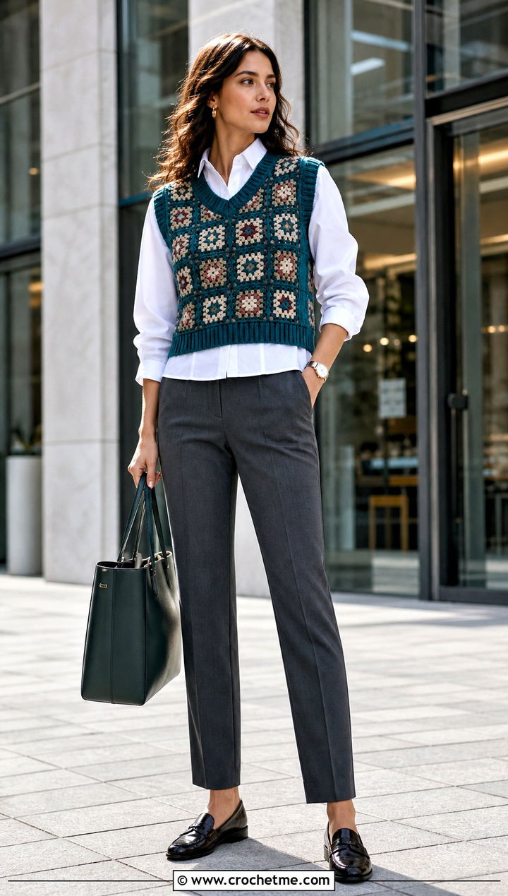 Granny Square Sweater Vest With Button Down And Tailored Pants - 20 Crochet Granny Square Tops For Women outfit ideas