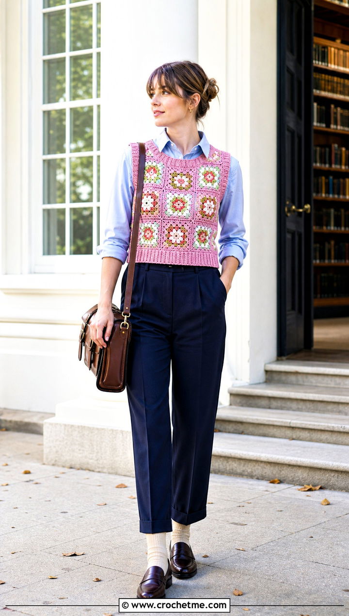 Granny Square Sweater Vest With Button Down Shirt - 25 granny crochet sweater outfit ideas