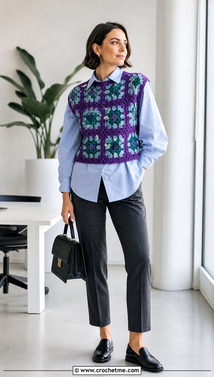 Granny Square Sweater Vest With Button Down Shirt - 25 Granny Squares Sweater outfit ideas