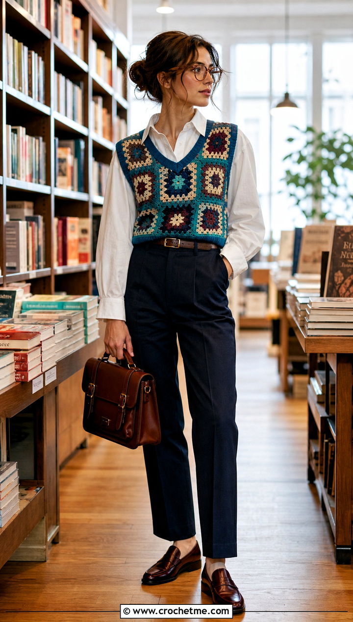 Granny Square Sweater Vest With Button Down Shirt - 30 crochet sweater with granny squares outfit ideas