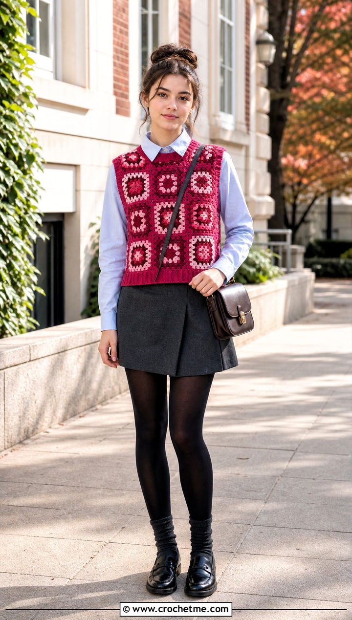 Granny Square Sweater Vest With Mini Skirt - 25 Granny Squares Vest outfit ideas