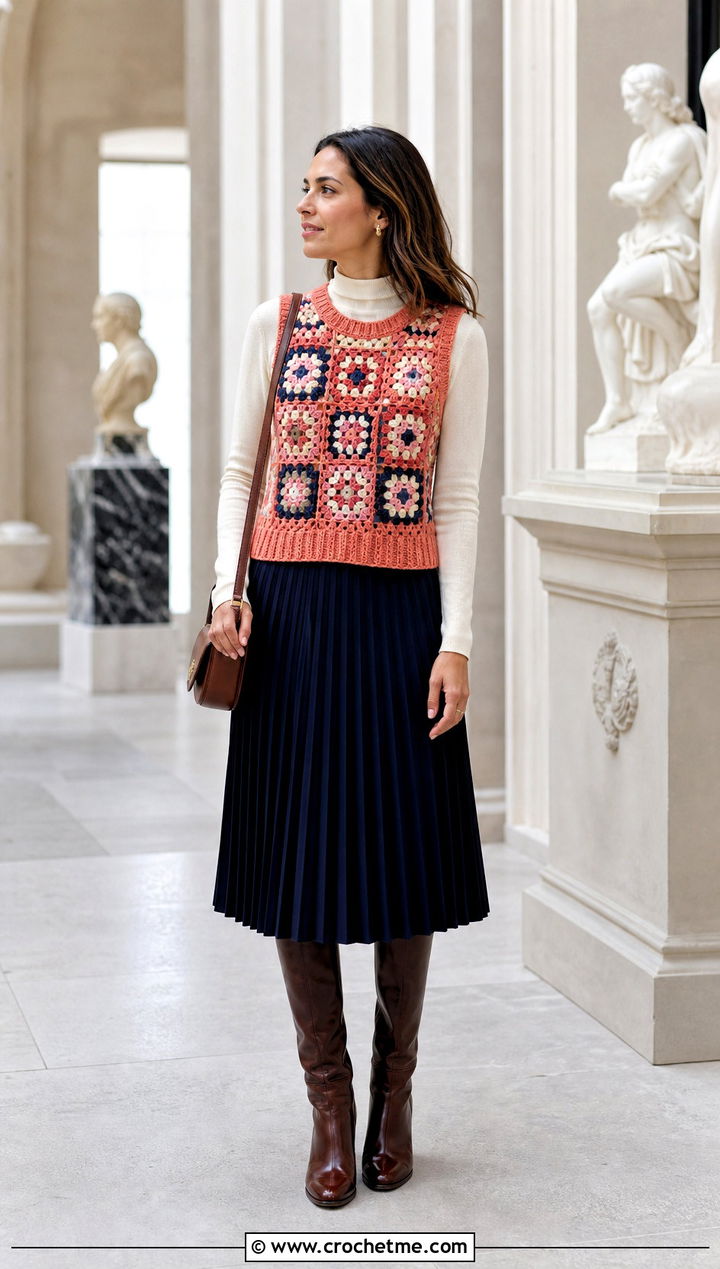 Granny Square Sweater Vest With Pleated Midi Skirt - 35 Granny Square Clothing Ideas