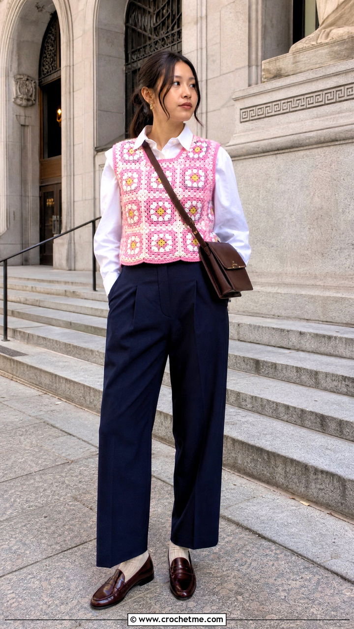 Granny Square Sweater Vest With Pleated Pants - 35 crochet granny square tops outfit ideas