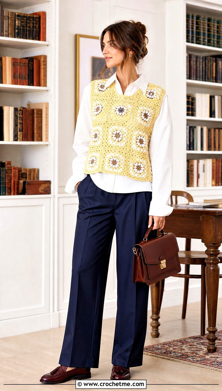 Granny Square Sweater Vest With Poplin Shirt - 30 easy granny square sweater outfit ideas