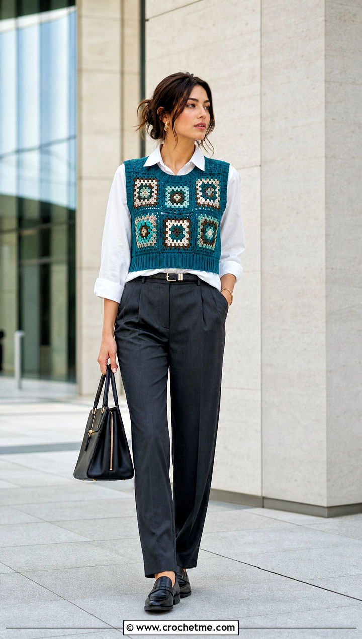 Granny Square Sweater Vest With Tailored Trousers - 25 Crochet Clothes With Granny Squares outfit ideas