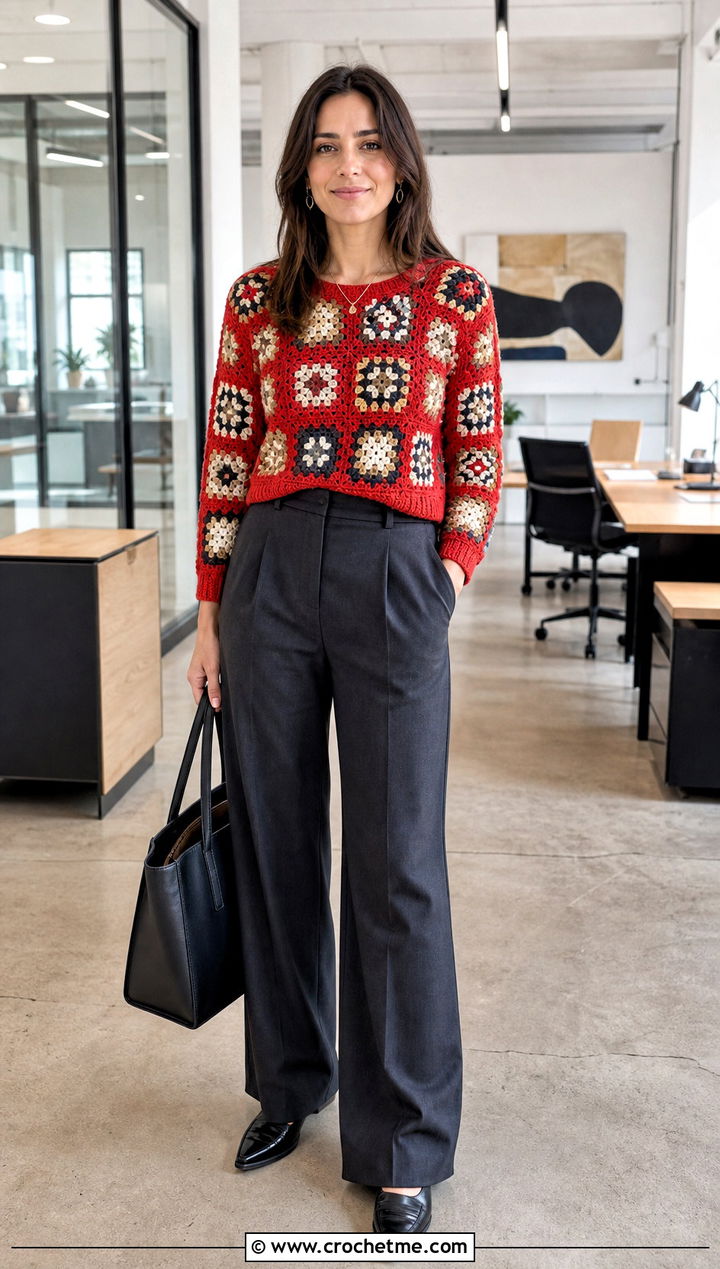Granny Square Sweater With Tailored Trousers - 35 Granny Square Clothing Ideas