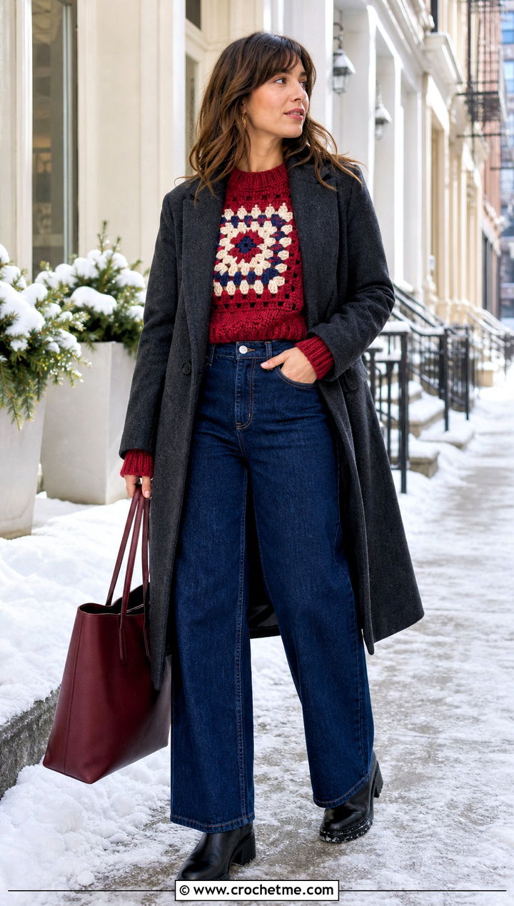 Granny Square Sweater With Wool Coat And Wide Leg Jeans - 35 Crochet Square Sweater outfit ideas