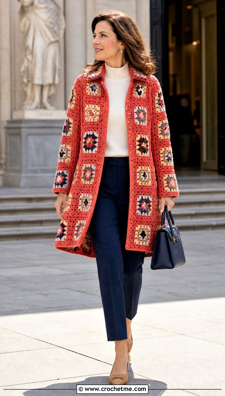 Granny Square Swing Coat With Cigarette Pants - 30 granny square coat outfit ideas