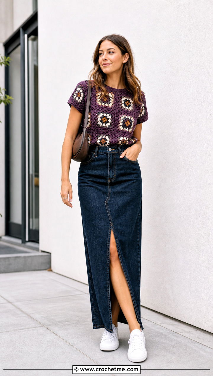 Granny Square T Shirt With Denim Maxi Skirt - 30 granny squares clothes and outfit ideas