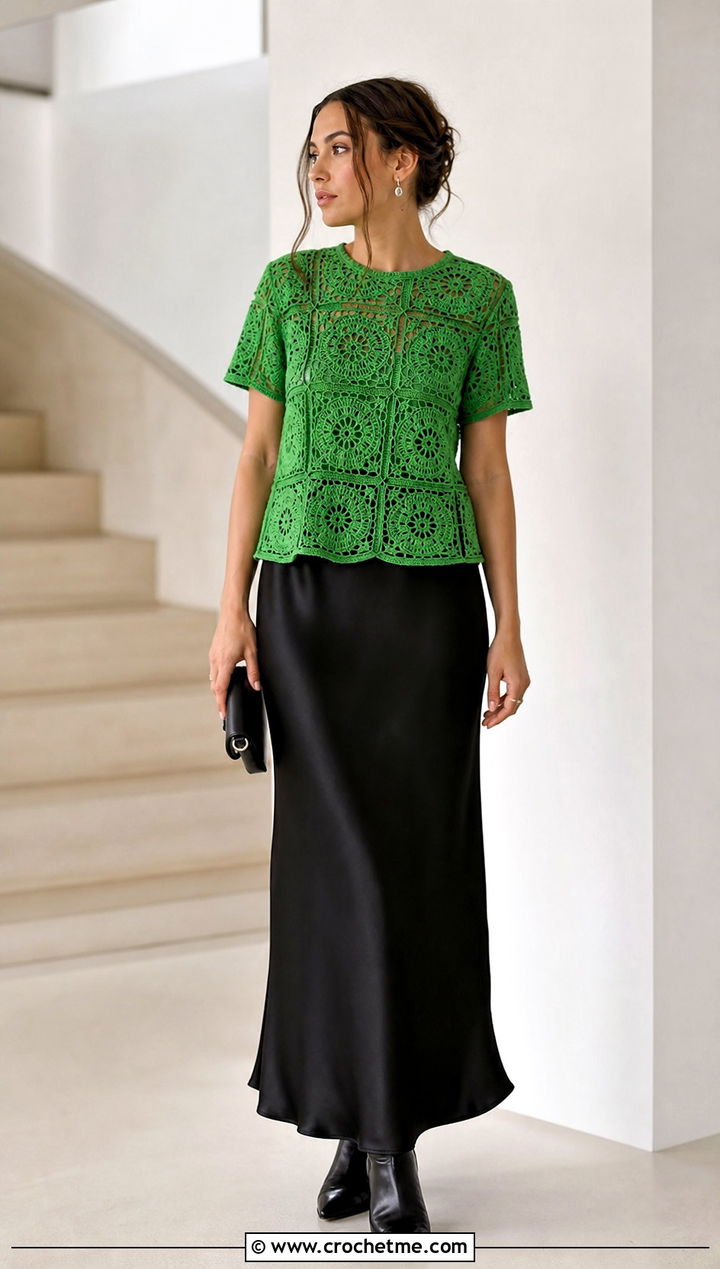 Granny Square T Shirt With Satin Slip Skirt - 25 Crochet Clothes With Granny Squares outfit ideas