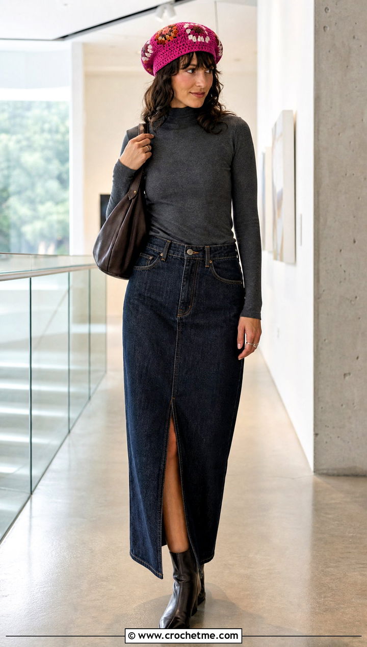 Granny Square Tam Beret With Mock Neck Top And Denim Maxi Skirt - 35 granny square hats outfit ideas
