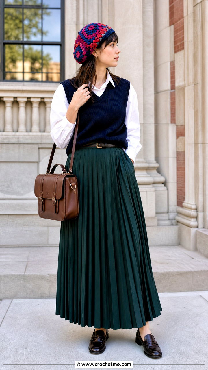 Granny Square Tam Hat With Sweater Vest And Maxi Skirt - 35 granny square hat outfit ideas