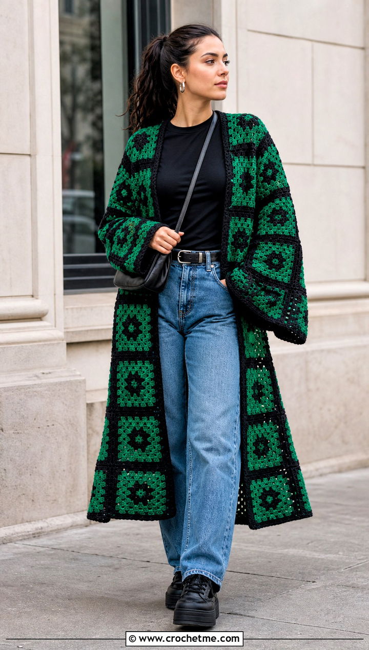 Granny Square Tanjiro Crochet Kimono With Straight Jeans - 25 tanjiro crochet kimono outfit ideas