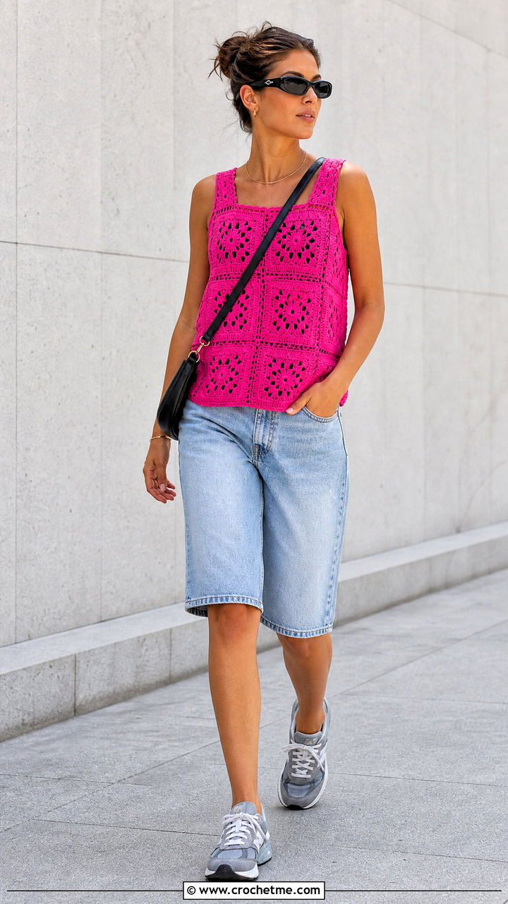Granny Square Tank Top With Denim Bermuda Shorts - 35 crochet granny square top outfit ideas