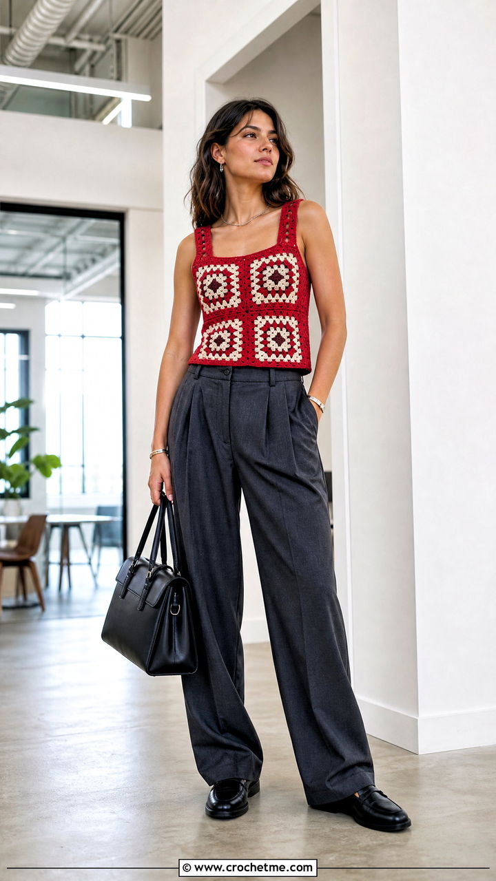 Granny Square Tank Top With Tailored Trousers - 35 crochet granny square tops outfit ideas