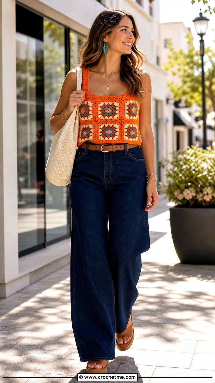 Granny Square Tank Top With Wide Leg Jeans - 35 granny square clothes and outfit ideas