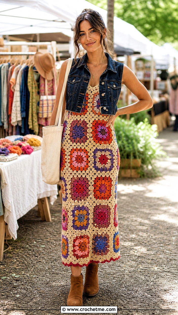 Granny Square Taylor Crochet Dress With Denim Vest - 30 Taylor Crochet Dress outfit ideas