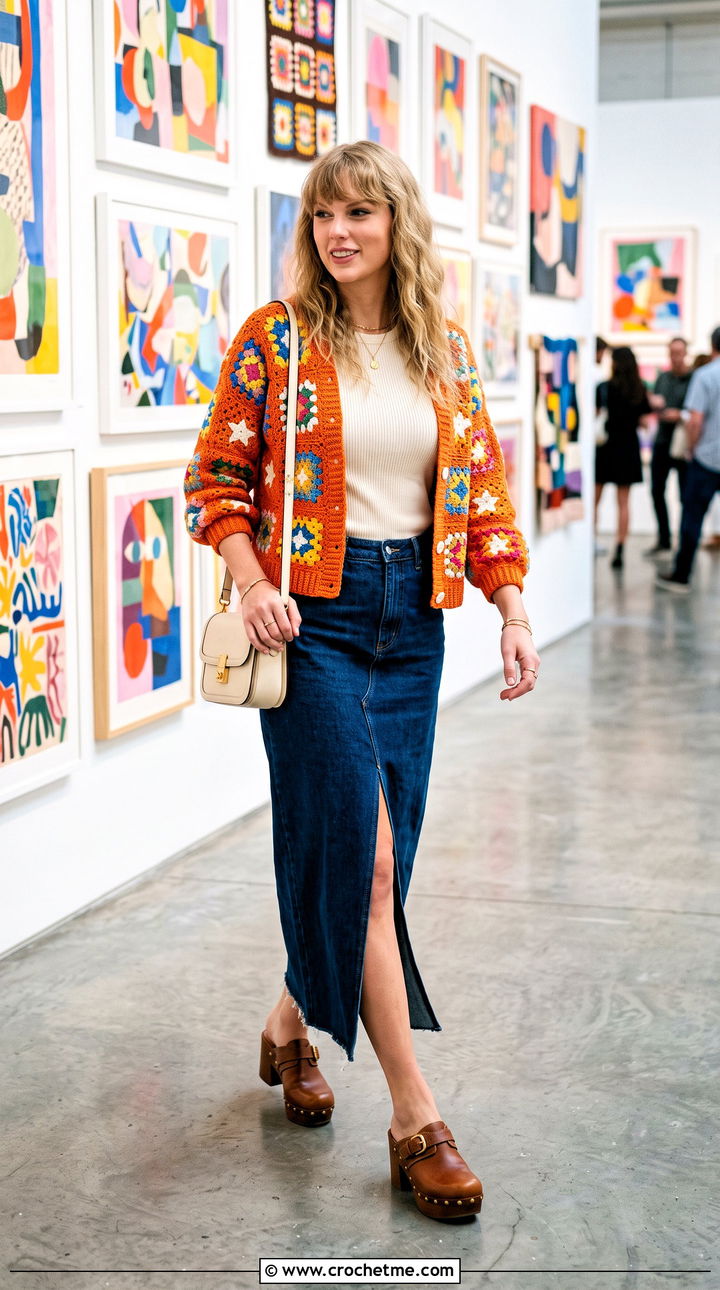 Granny Square Taylor Swift Crochet Cardigan With Denim Maxi Skirt - 35 crochet taylor swift cardigan outfit ideas