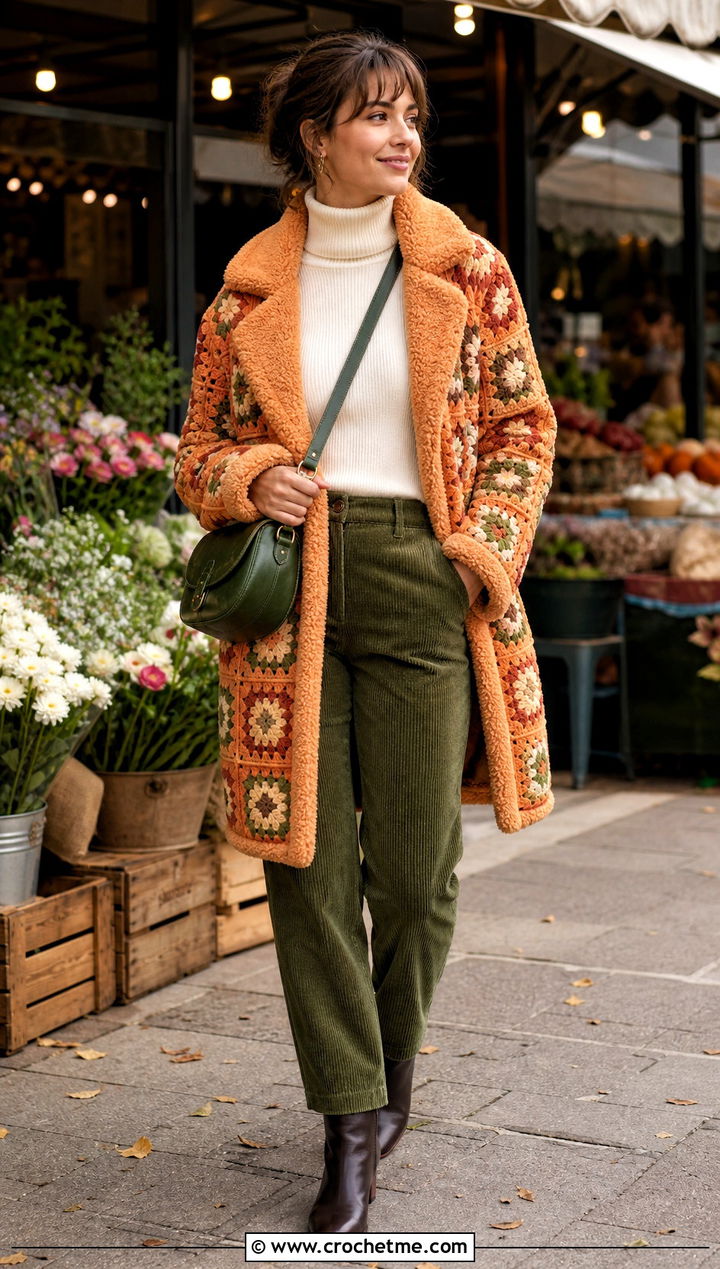 Granny Square Teddy Coat With Corduroy Pants - 30 granny square coat outfit ideas