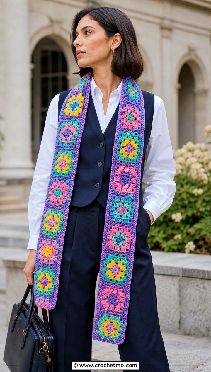 Granny Square Temperature Scarf With White Shirt - 30 crochet temperature scarf outfit ideas