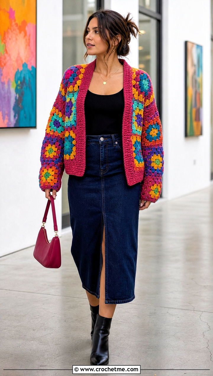 Granny Square Thick Yarn Crochet Cardigan With Denim Midi Skirt - 25 Thick Yarn Crochet Cardigan outfit ideas