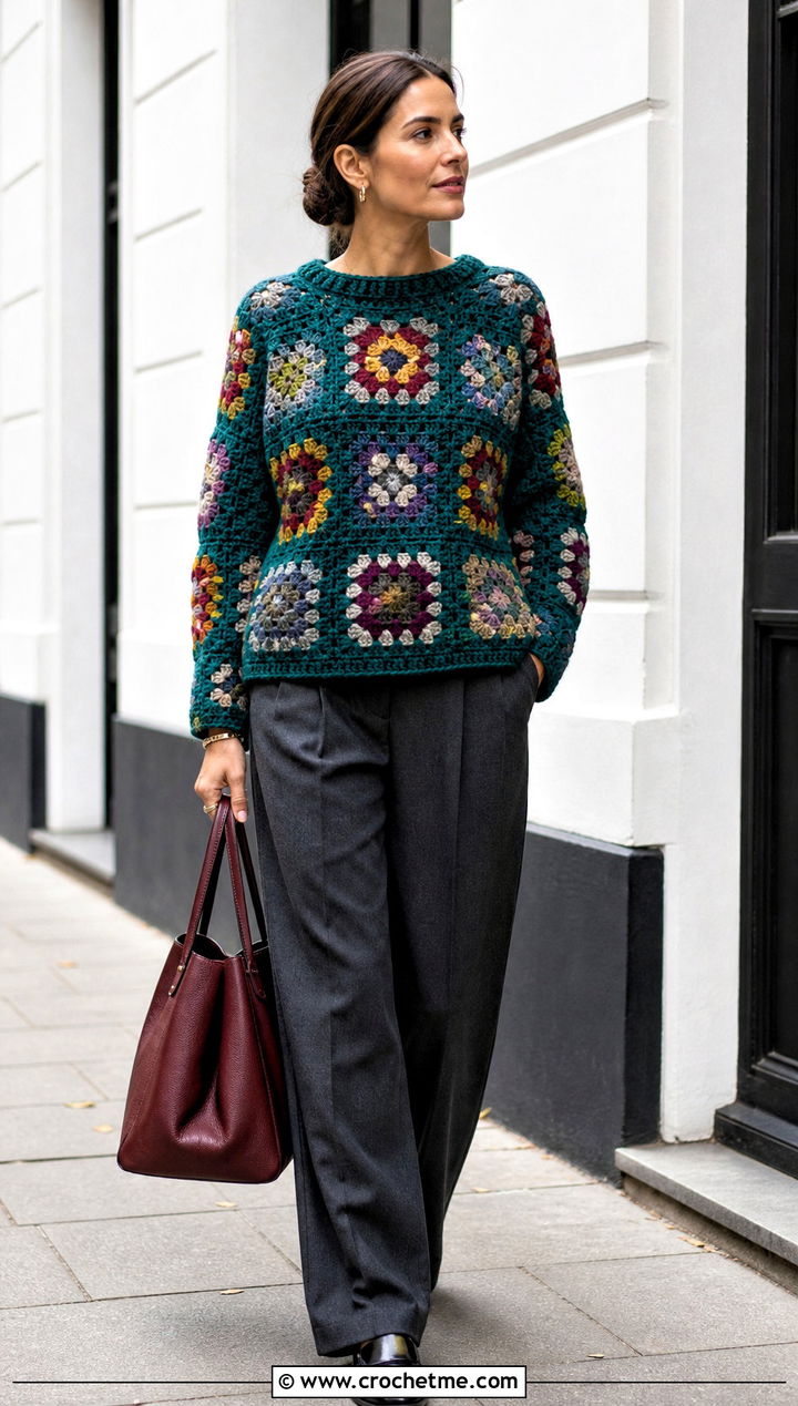 Granny Square Thick Yarn Crochet Sweater With Wide Leg Trousers - 25 thick yarn crochet sweater outfit ideas