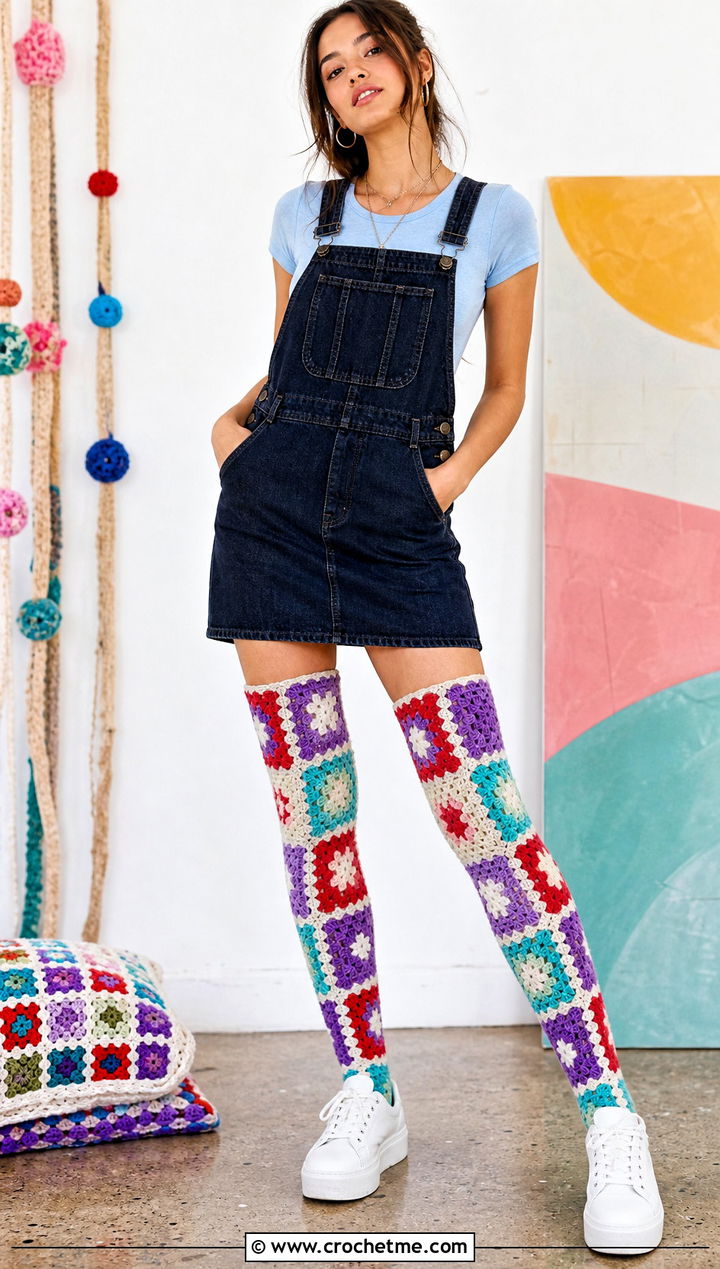 Granny Square Thigh High Crochet Socks With Overall Dress - 35 thigh high crochet socks outfit ideas