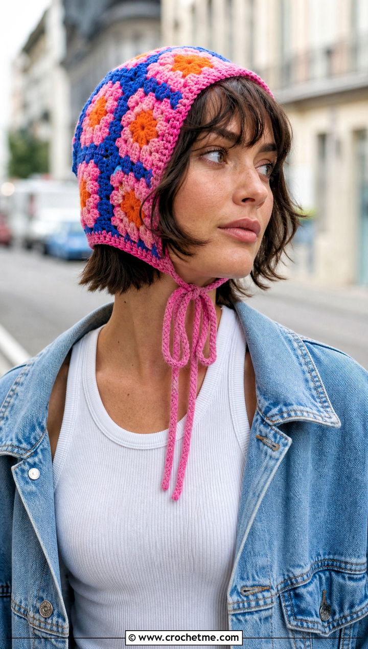 Granny Square Tie Bonnet With Denim Jacket - 25 Crochet Hair Bonnet outfit ideas