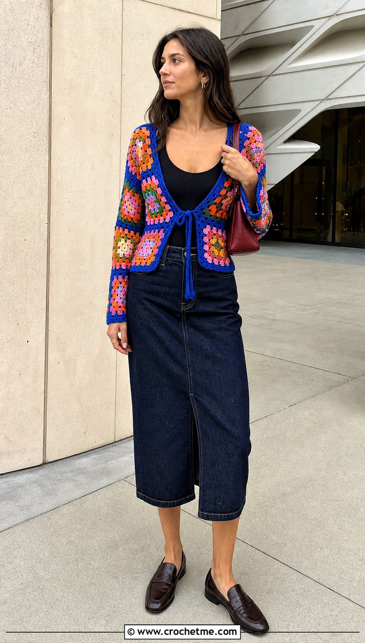 Granny Square Tie Cardigan With Denim Midi Skirt - 35 crochet tie cardigan outfit ideas
