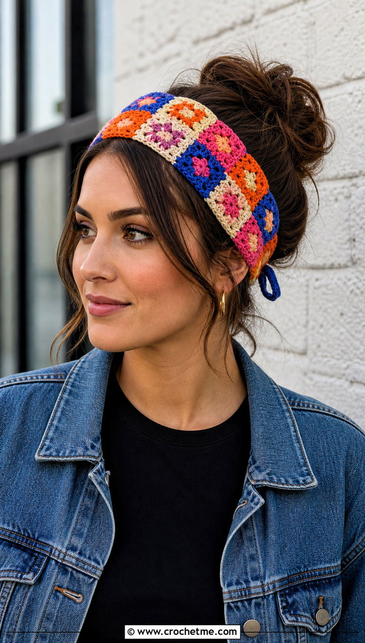 Granny Square Tie Crochet Adjustable Headband With Denim Jacket - 20 Crochet Adjustable Headband outfit ideas