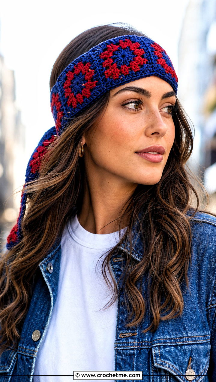 Granny Square Tie Crochet Hippie Headband With Jeans - 25 crochet hippie headband outfit ideas